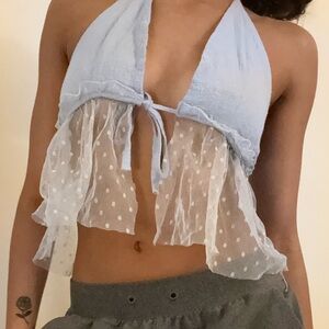 Baby blue beachy mesh polka dot halter top with adjustable straps🩵